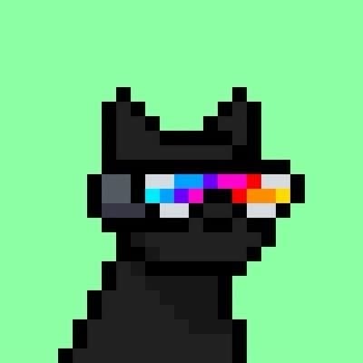 Pixel portrait used by Damien Galvin (Shield / @Shieldmetax): a dark dog with a rainbow visor on a mint-green background